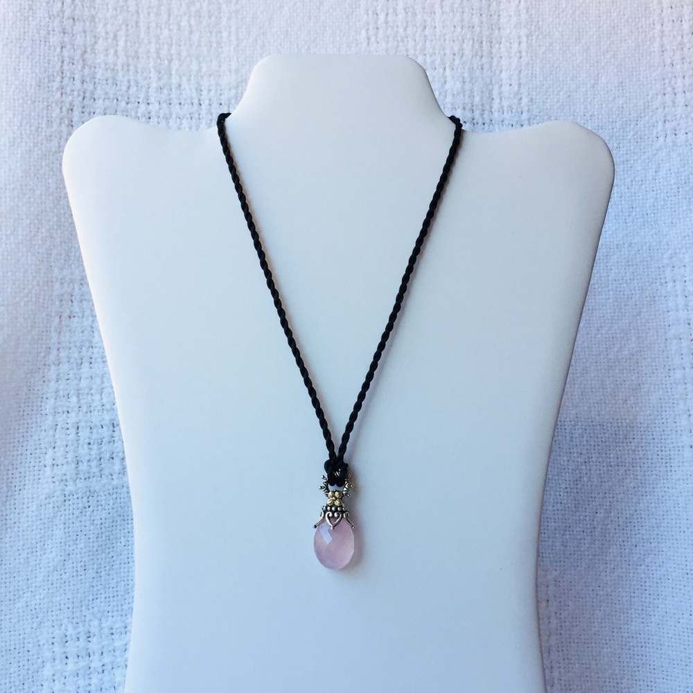 Barbara Bixby Rose Quartz Pendant With Silk Cord Necklace Sterling Silver & 18K
